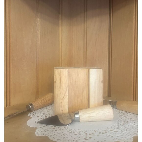 Vintage Wooden Cheese Knife Block Stainless Steel Utensil Servers Appetizers - Picture 4 of 8